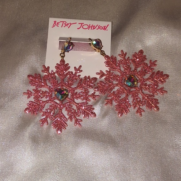 Betsey Johnson Gold Tone & Pink Glitter Snowflake Drop Earrings Crystal Accents - Picture 9 of 12